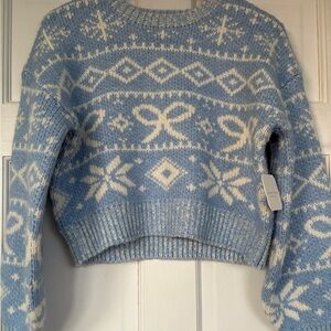 Altar’d State Blue Knit Sweater With Bows & Snowflakes NWT